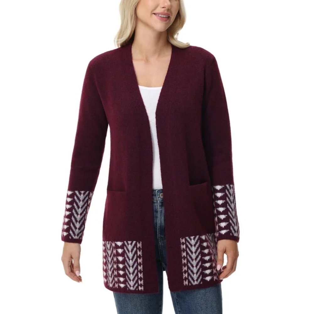 Women's Burgundy Cardigan with Patterned Accents